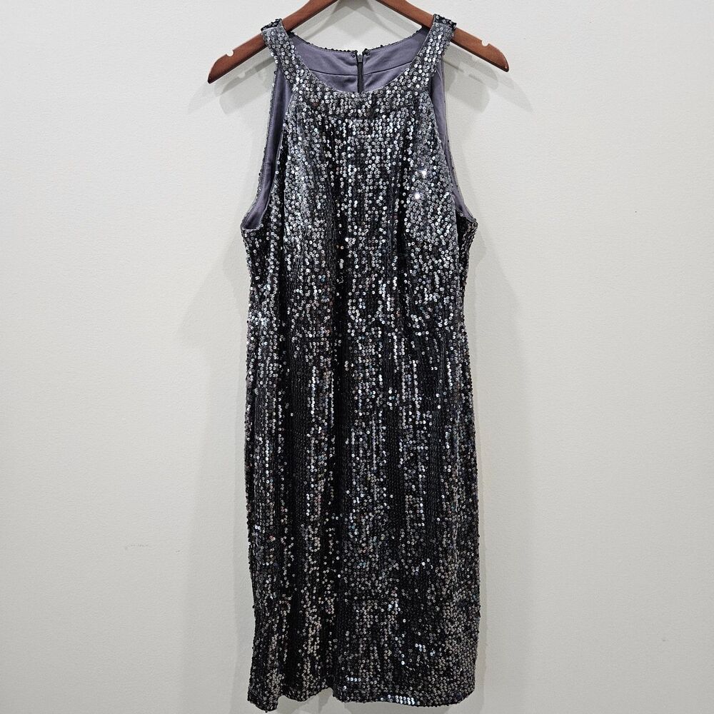 Womens Sequin Halter Mini Dress XL Gray Embellished Festive Glam Gala Cocktail